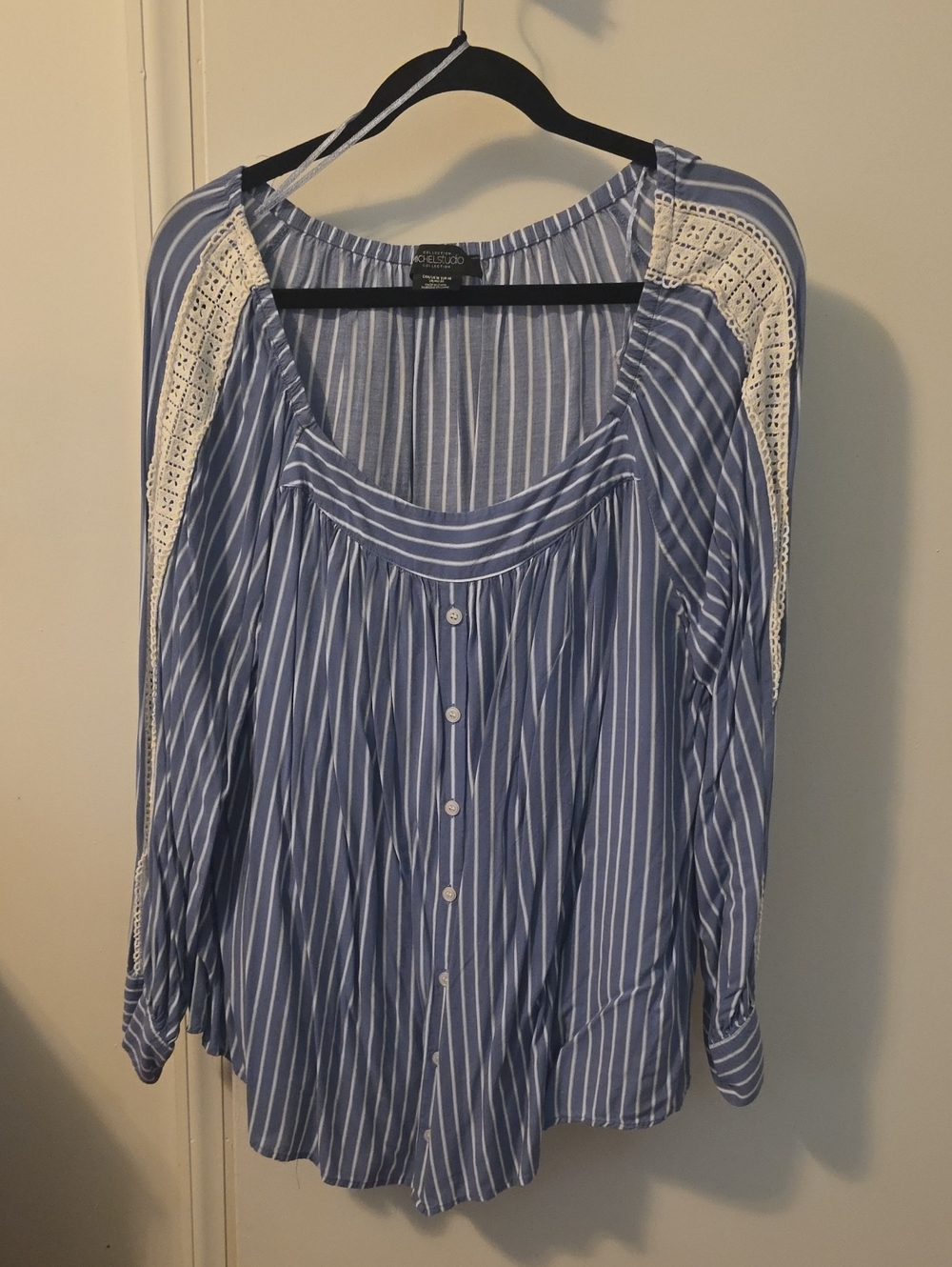 Lace-Trim Blue & White Striped Button-Down Blouse